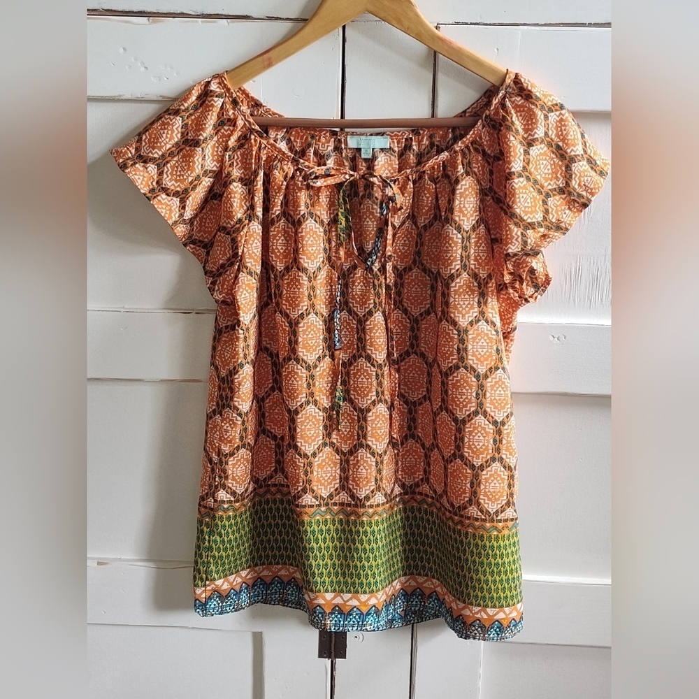 Jemma Women's Boho Short Sleeve Orange and Green Geo Print Top | Size Small